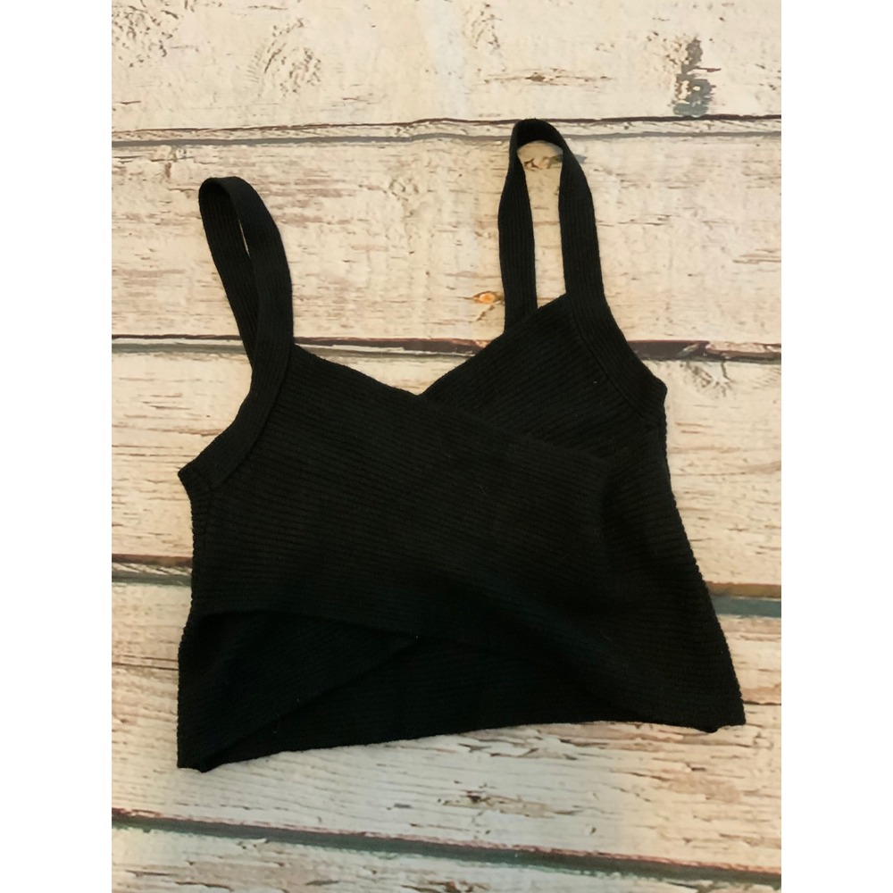 American Eagle Black Ribbed Crossover Wrap Crop Top Tank XXS